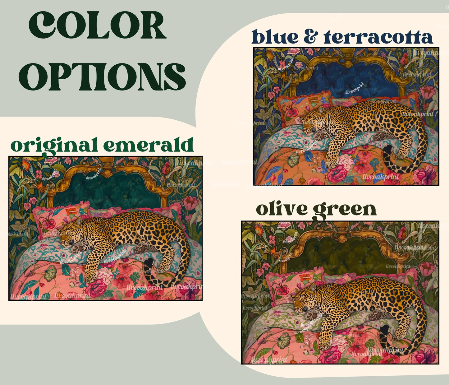 Olive Green Sleepy Leopard In a Vintage Bed