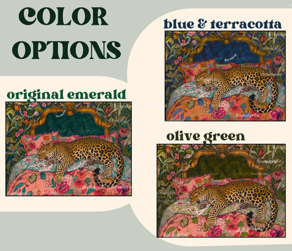 Olive Green Sleepy Leopard In a Vintage Bed