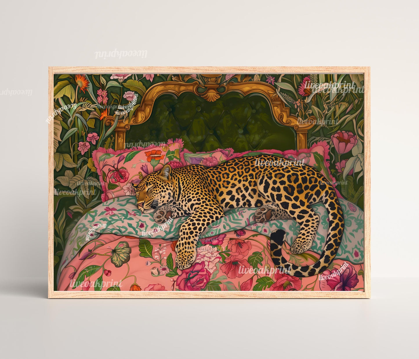 Olive Green Sleepy Leopard In a Vintage Bed