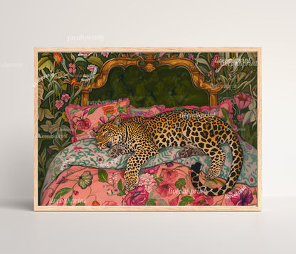 Olive Green Sleepy Leopard In a Vintage Bed