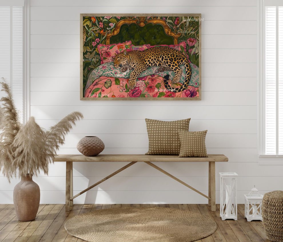 Olive Green Sleepy Leopard In a Vintage Bed