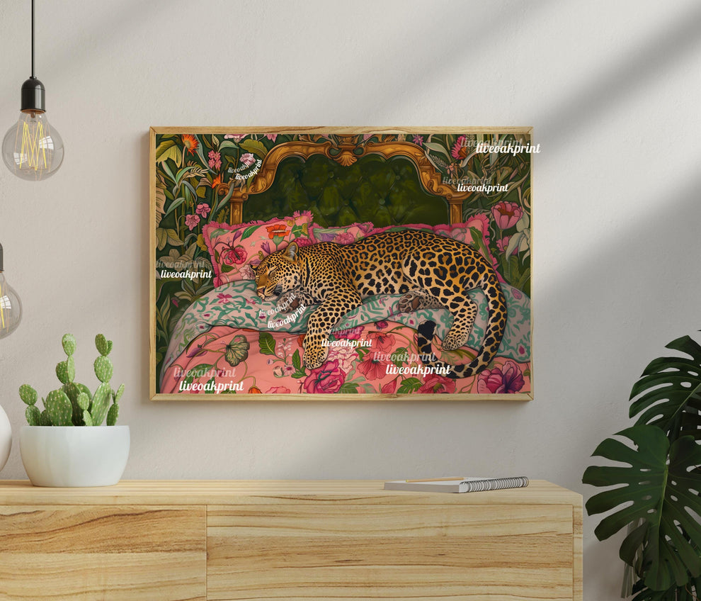 Olive Green Sleepy Leopard In a Vintage Bed