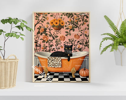 Black Cat In A Bathtub - Halloween Bathroom Art - Halloween Black Cat - Maximalist Halloween - Boho Halloween Decor - Pink Halloween