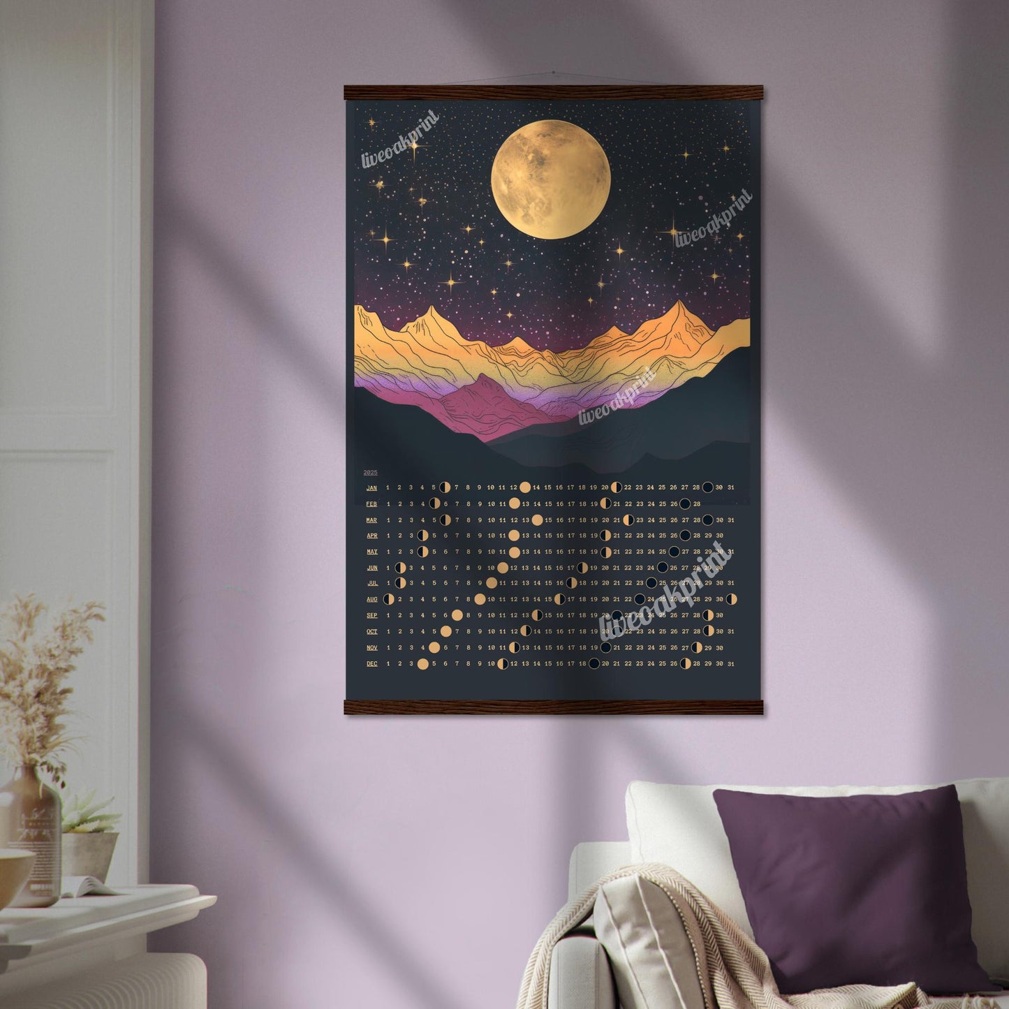 2025 Moon Phase Calendar - 2025 Lunar Calendar - 2025 Wall Calendar - Hanging Moon Calendar - Full Moon Calendar - Witchy Gift Ideas