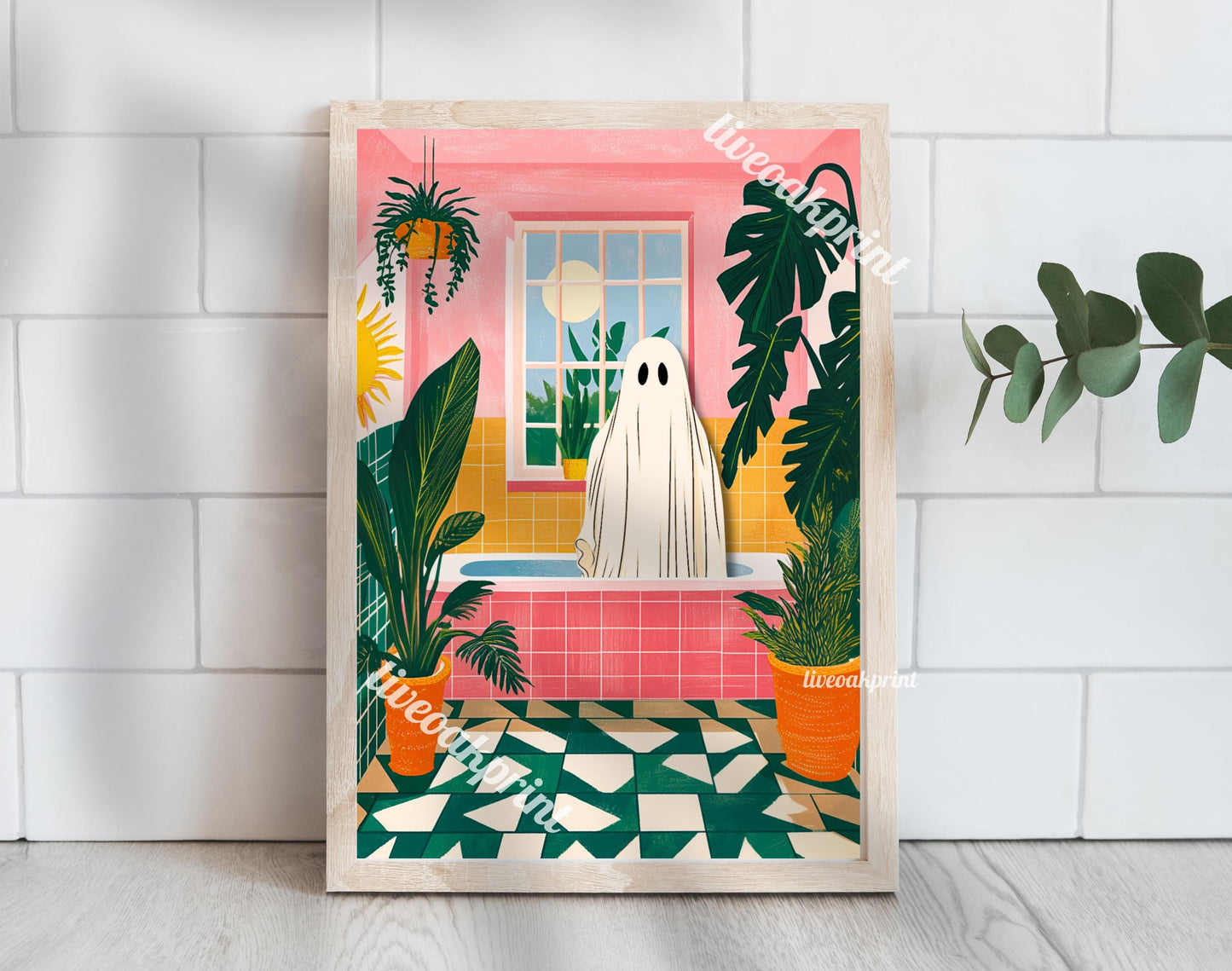 Oscar the Ghost in a Tropical Jungle Bathroom - Pink Ghost Bathroom Print - Pinkoween Halloween Decor - Funny Ghost Print - Cute Ghost