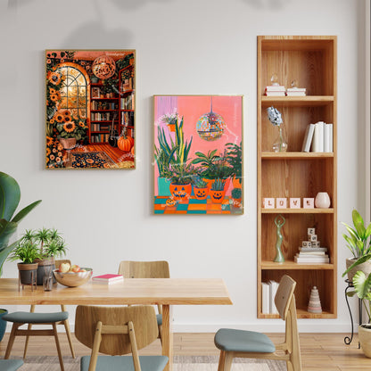 Autumn Disco Library with Sunflowers Print