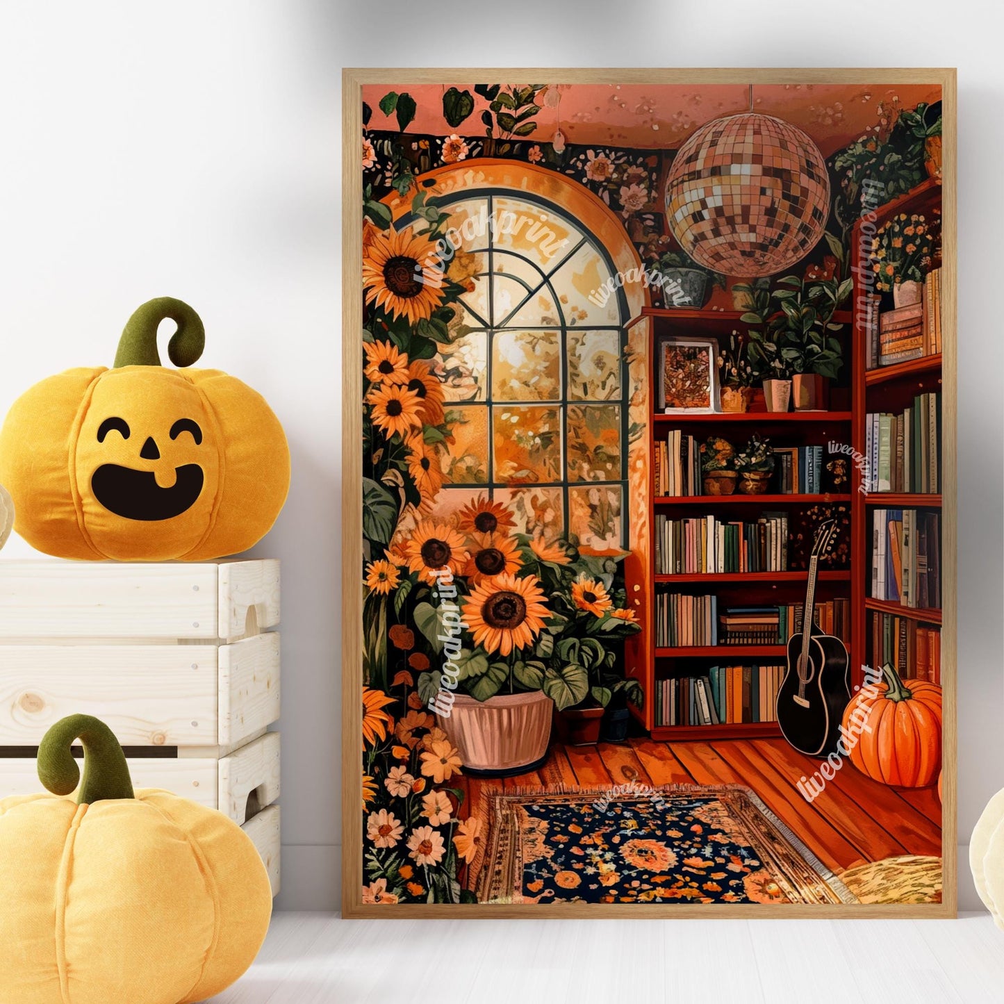 Autumn Disco Library with Sunflowers Print