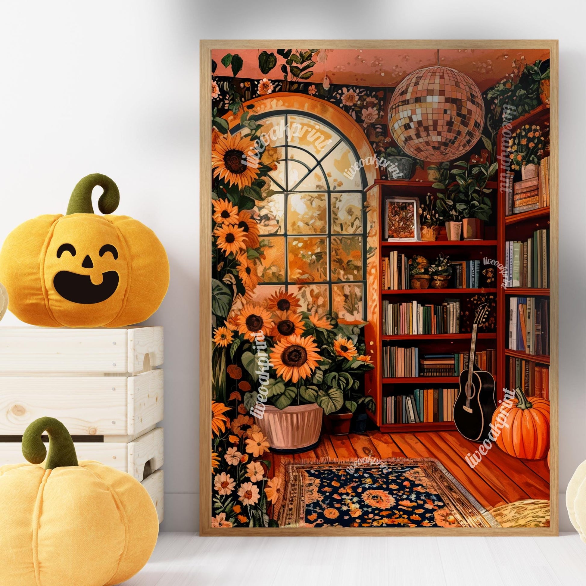 Autumn Disco Library with Sunflowers Print