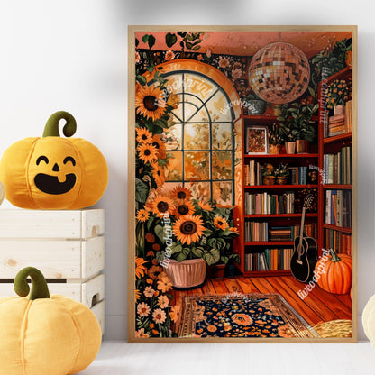 Autumn Disco Library with Sunflowers Print