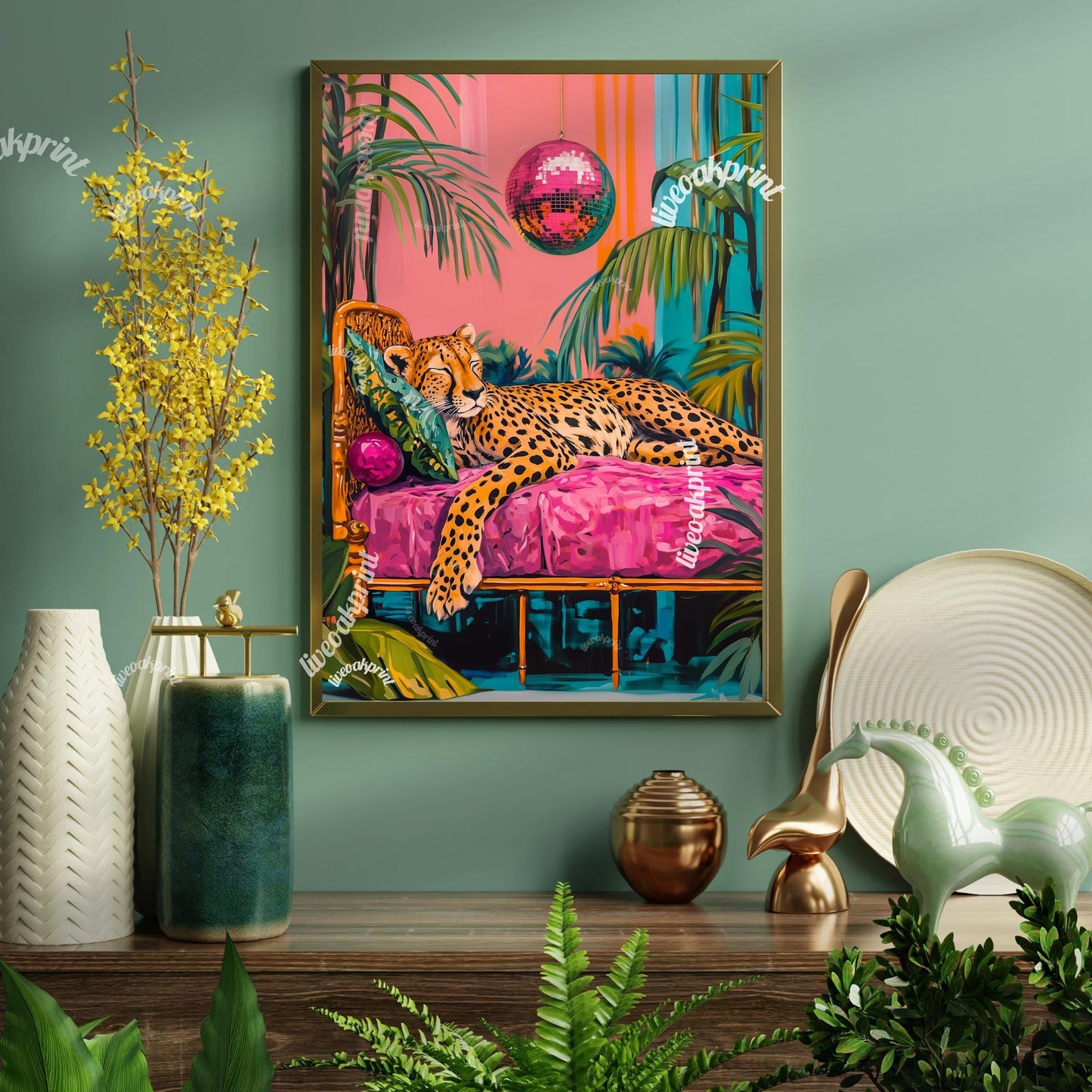 Cheetah Sleeping Under A Disco Ball - Cheetah Print - Cheetah Living Room - Maximalist Wall Art - Pink Cheetah Print - Boho Wall Decor