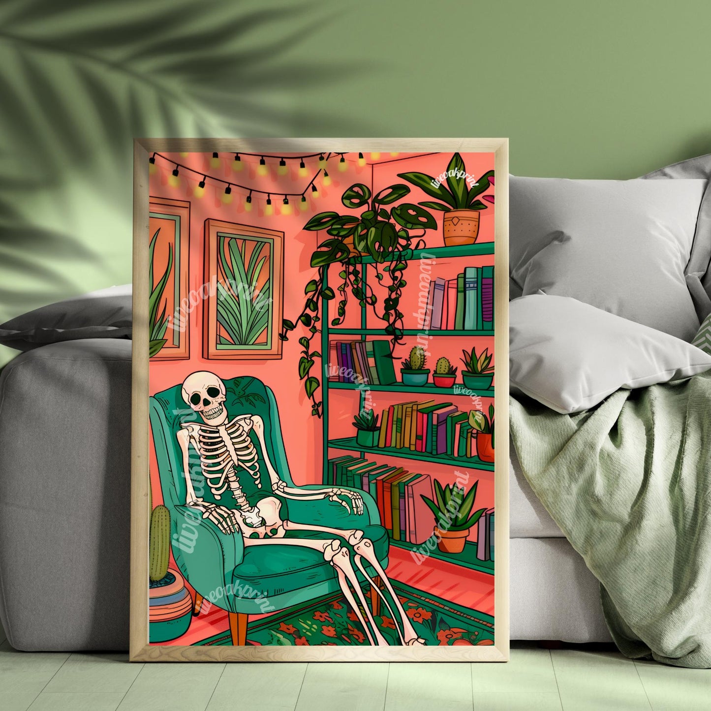 Skeleton In A Cozy Living Room - Boho Halloween Print - Cute Skeleton Print - Maximalist Skeleton Print - Eclectic Halloween Decor