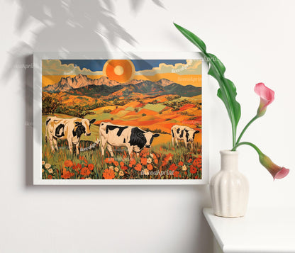 Cows in a Pasture - Sage Green Wall Art - Sage Green and Terracotta -  Boho Home Decor - Western Wall Art - Green and Orange Decor