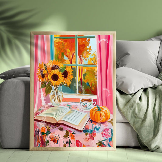 Cozy Autumn Sunflowers & Book – 8x10” Unframed Print