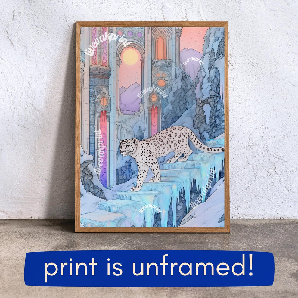 Snow Leopard In An Ice Palace - Maximalist Winter Art - Boho Wall Decor - Blue Leopard Wall Art - Pastel Maximalist Print
