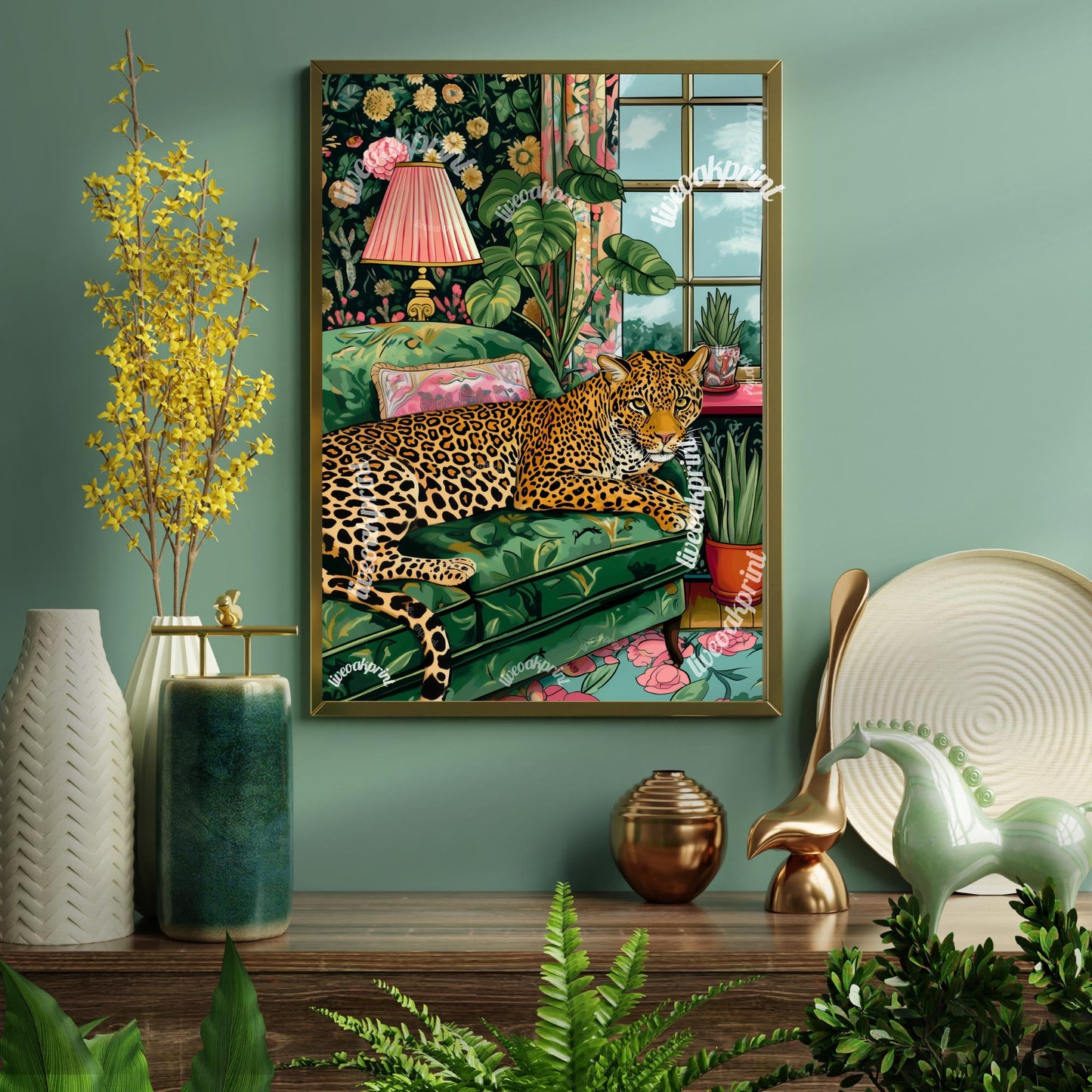 Green and Pink Leopard Print -  Maximalist Wall Art - Leopard Print - Leopard Wall Art - Jungle Wall Decor - Leopard Living Room