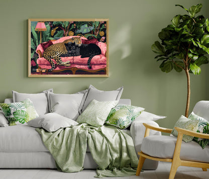 Snuggly Leopard and Black Panther In a Vintage Couch