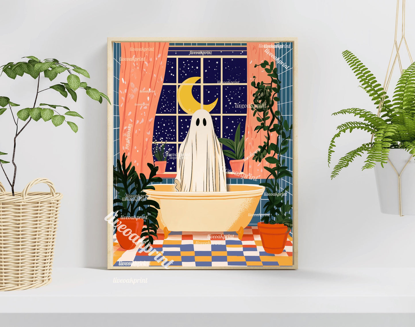 Oscar the Ghost Takes a Cozy Night Time Bath - Ghost Bathroom Print - Moon Halloween Decor - Funny Ghost Print - Cute Ghost