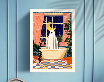 Oscar the Ghost Takes a Cozy Night Time Bath - Ghost Bathroom Print - Moon Halloween Decor - Funny Ghost Print - Cute Ghost