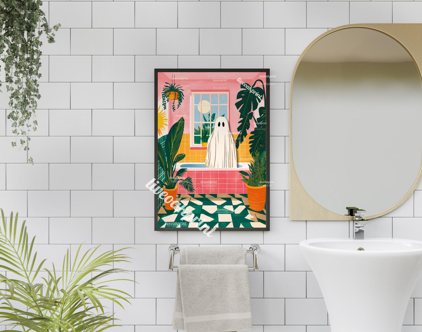 Oscar the Ghost in a Tropical Jungle Bathroom - Pink Ghost Bathroom Print - Pinkoween Halloween Decor - Funny Ghost Print - Cute Ghost