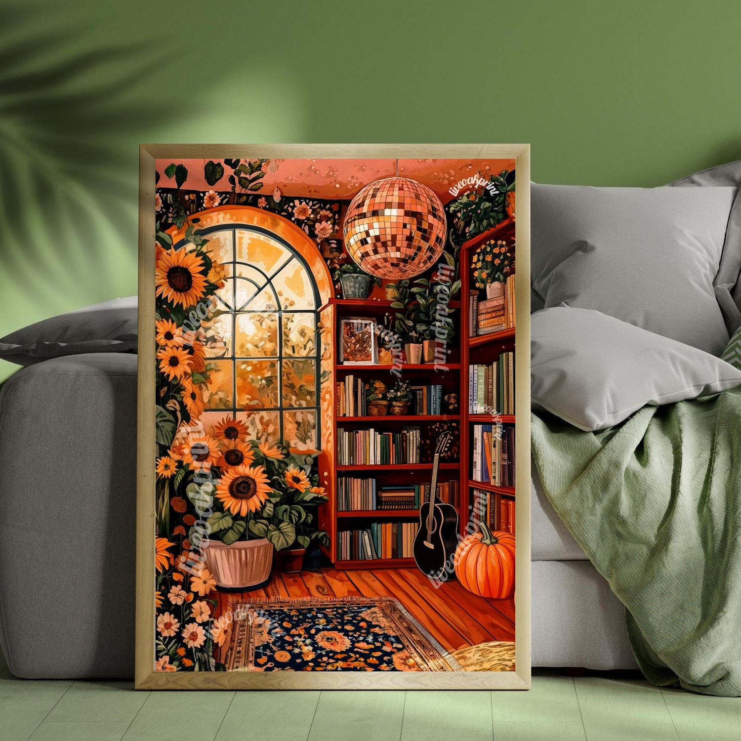Autumn Disco Library with Sunflowers Print