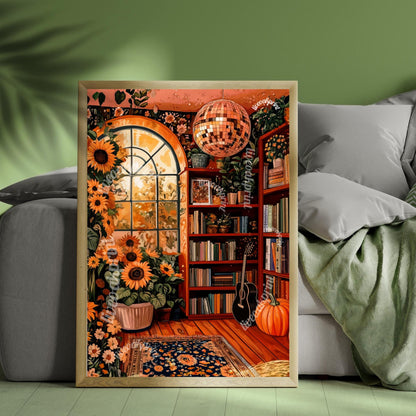 Autumn Disco Library with Sunflowers Print