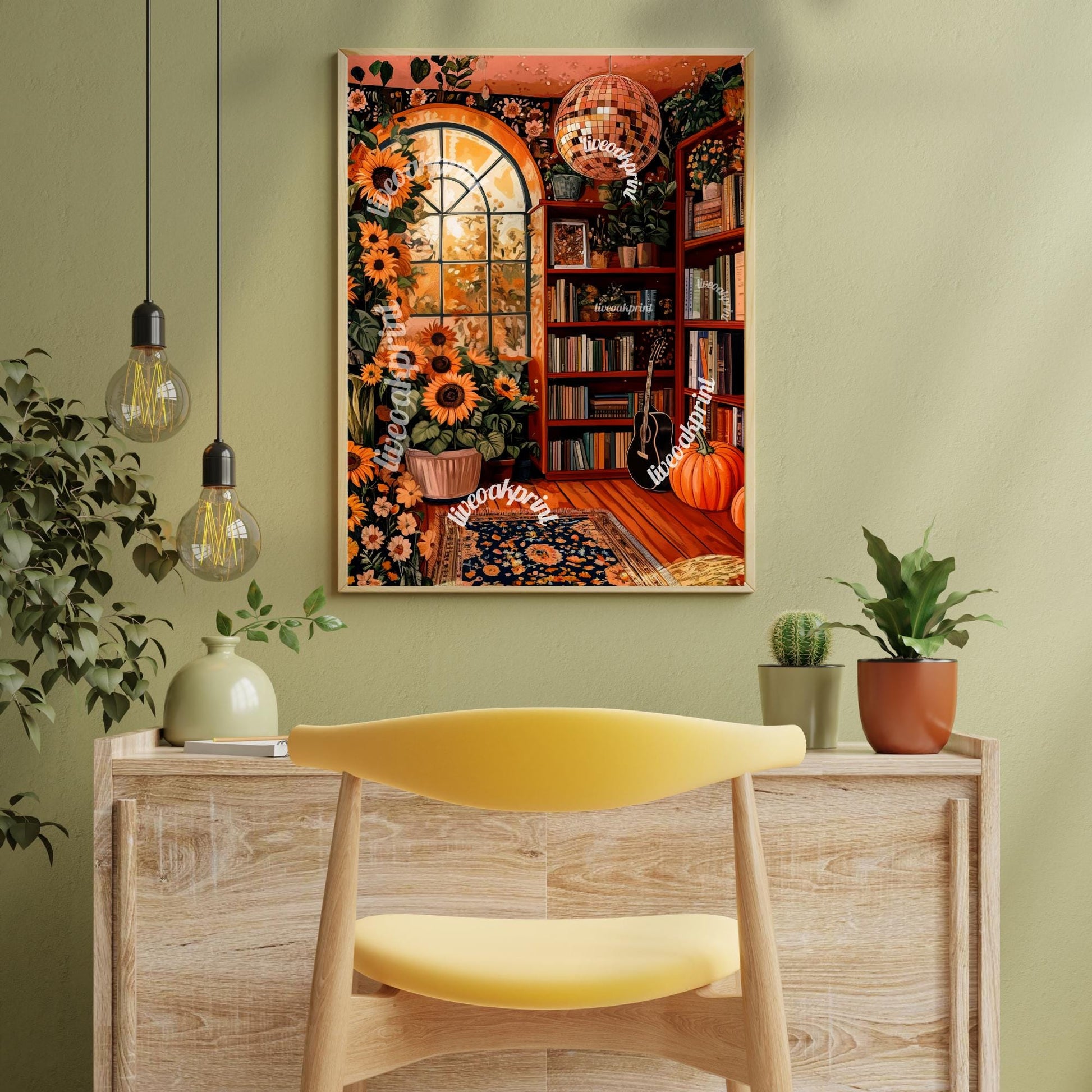 Autumn Disco Library with Sunflowers Print