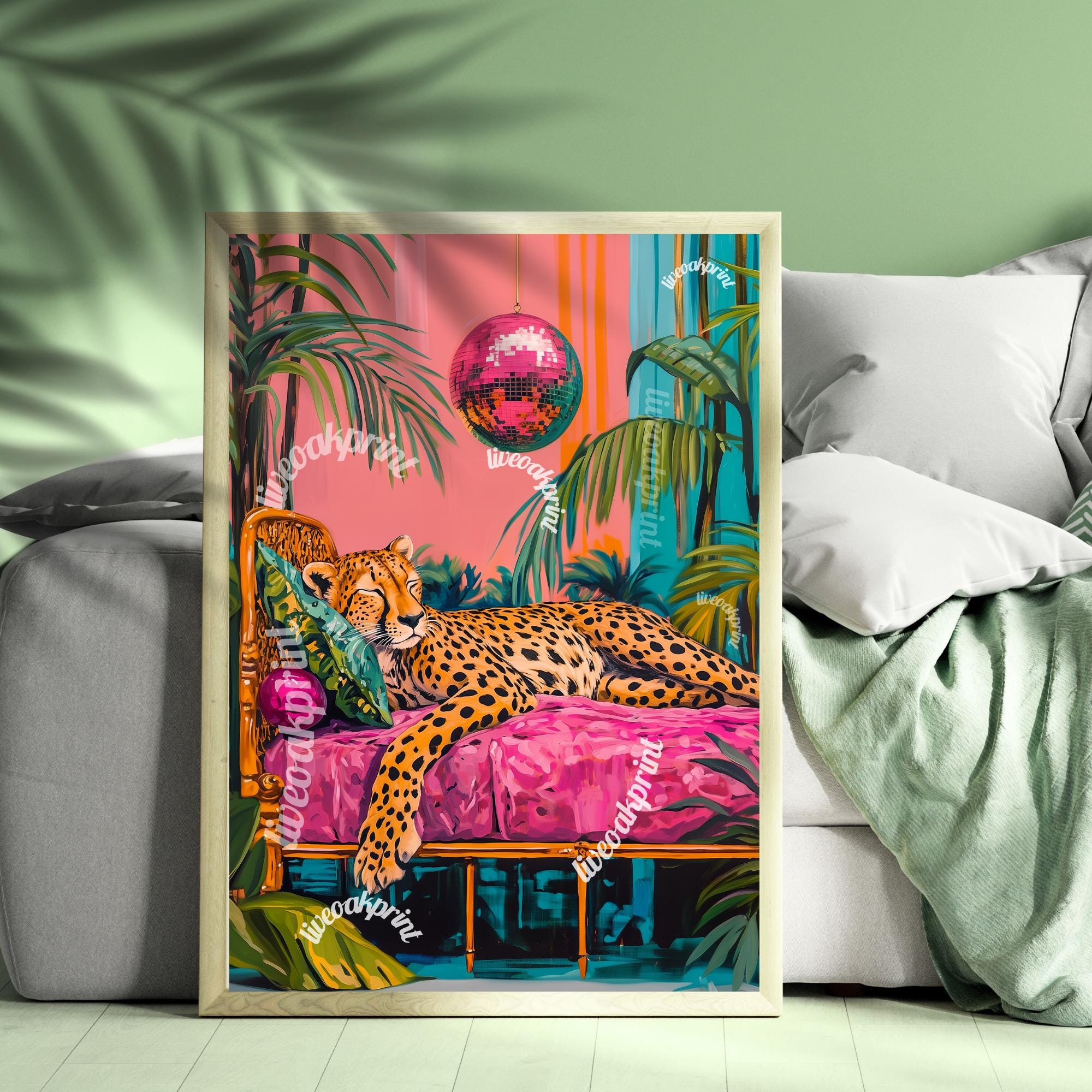 Cheetah Sleeping Under A Disco Ball - Cheetah Print - Cheetah Living Room - Maximalist Wall Art - Pink Cheetah Print - Boho Wall Decor