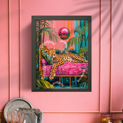 Cheetah Sleeping Under A Disco Ball - Cheetah Print - Cheetah Living Room - Maximalist Wall Art - Pink Cheetah Print - Boho Wall Decor