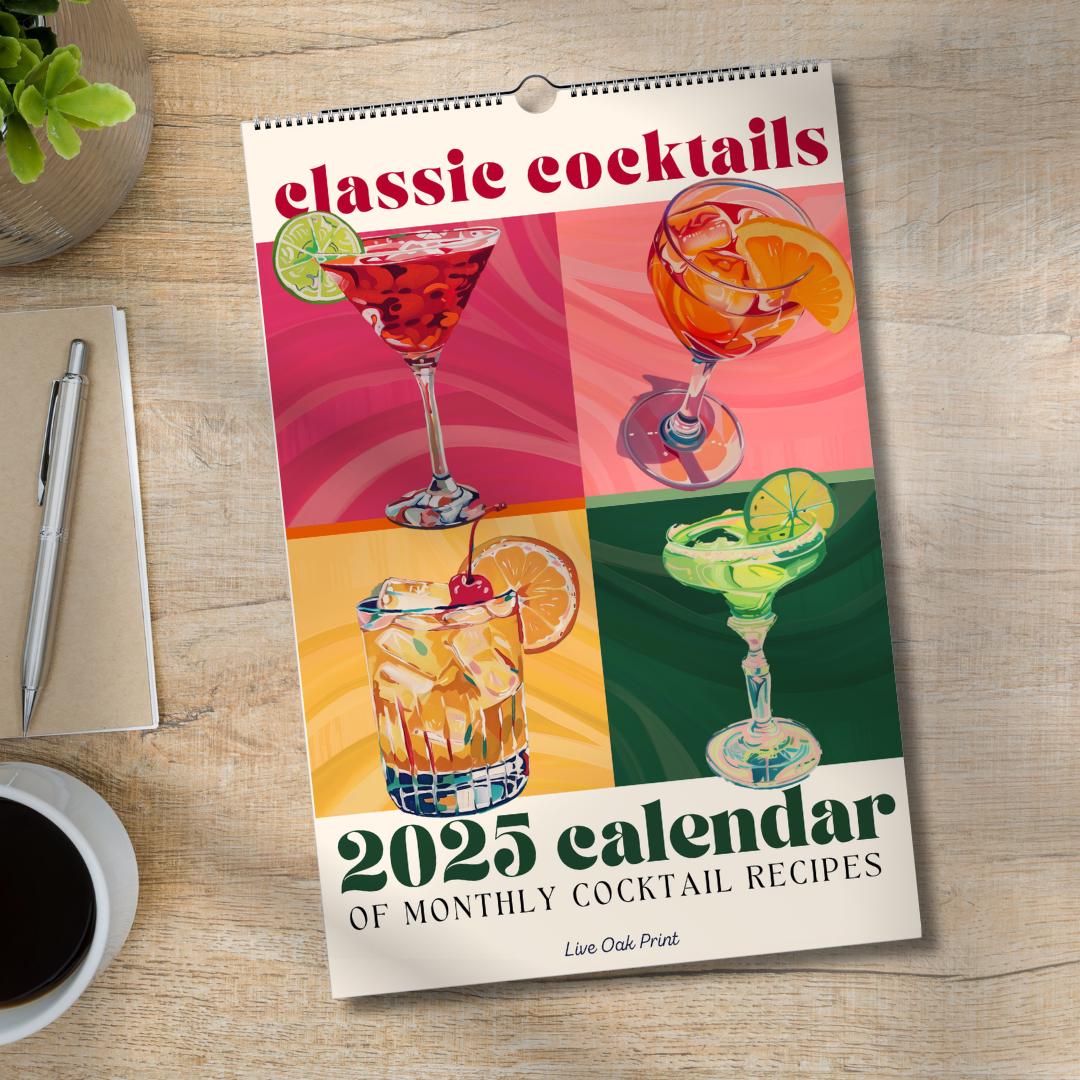 2025 Cocktail Calendar | Monthly Cocktail Recipe Calendar | Cocktail Wall Art | Cocktail Gift | Bartender Gift | Mixology Gift