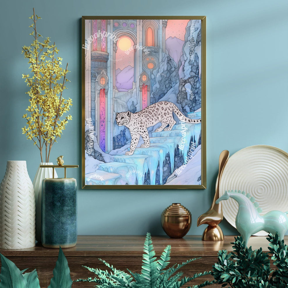 Snow Leopard In An Ice Palace - Maximalist Winter Art - Boho Wall Decor - Blue Leopard Wall Art - Pastel Maximalist Print