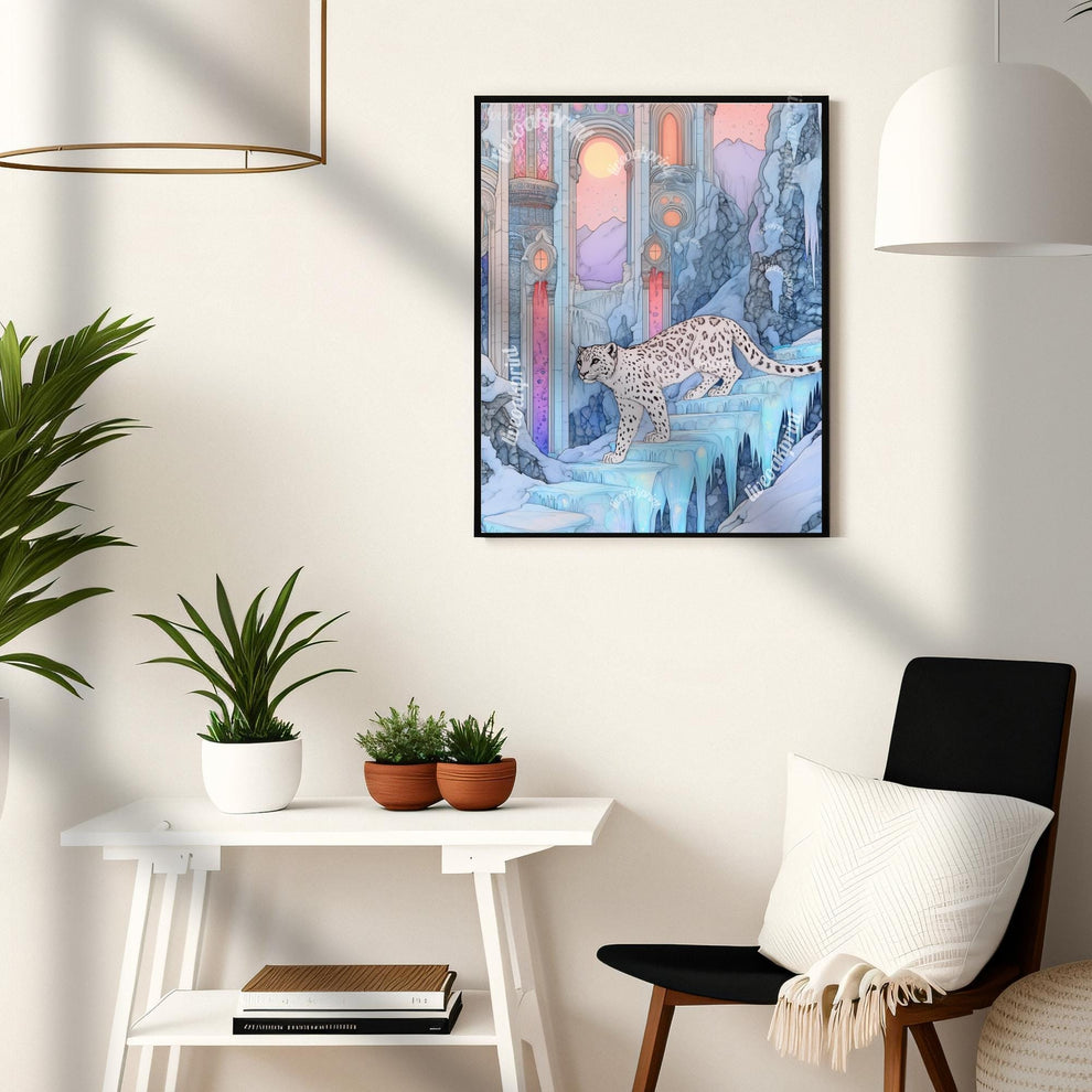 Snow Leopard In An Ice Palace - Maximalist Winter Art - Boho Wall Decor - Blue Leopard Wall Art - Pastel Maximalist Print