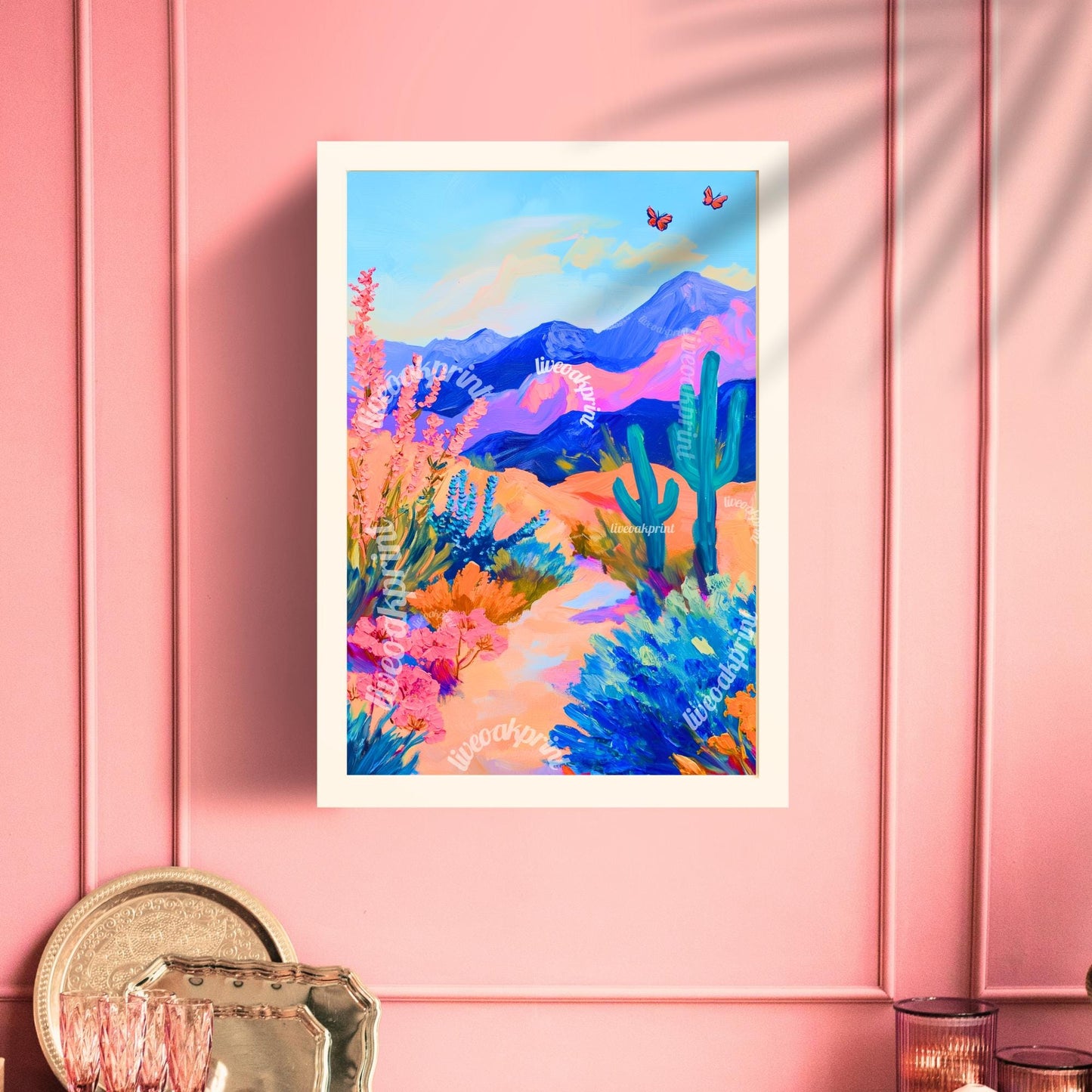 Mexican Cactus Print - Mexico Nature Scenery and Tiles Print - Boho Wall Art - Cactus Wall Art - Cactus Decor - Boho Cactus Print - Pink