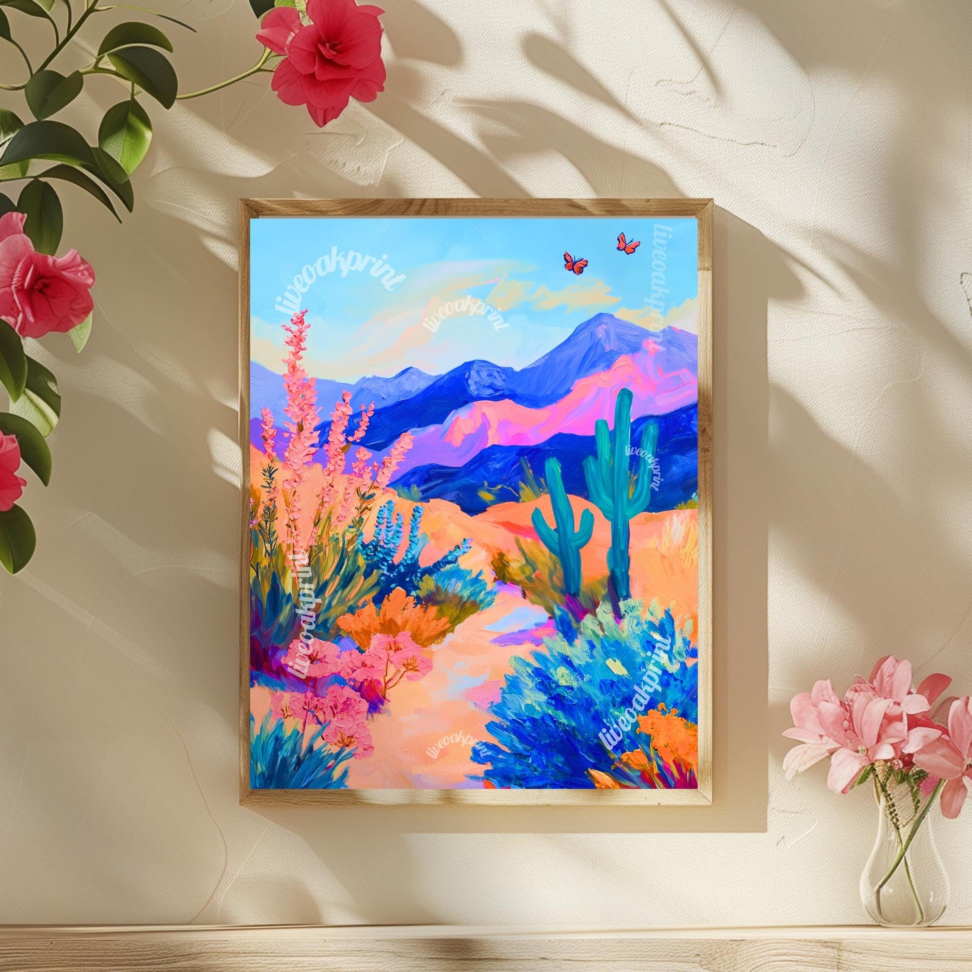 Mexican Cactus Print - Mexico Nature Scenery and Tiles Print - Boho Wall Art - Cactus Wall Art - Cactus Decor - Boho Cactus Print - Pink