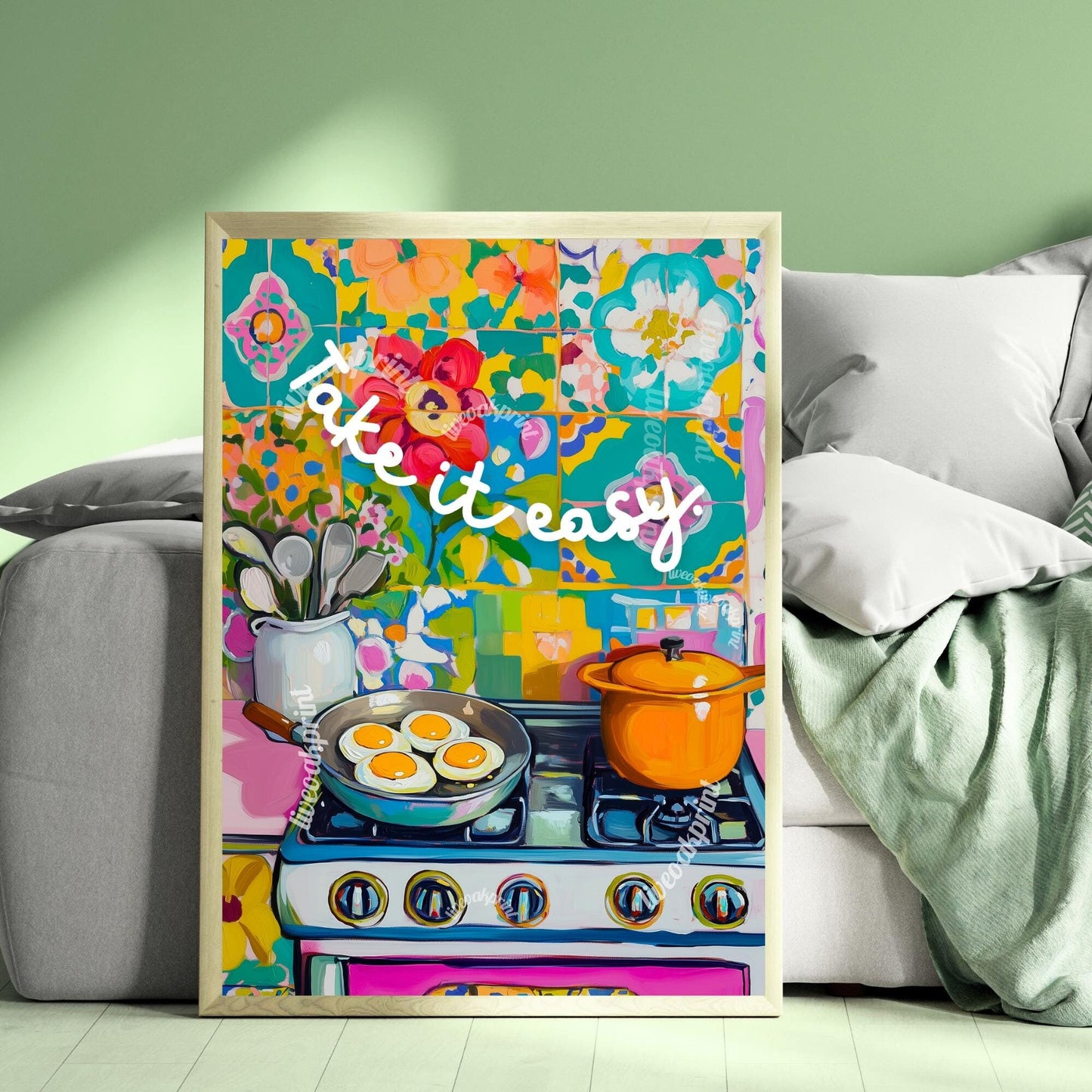 Take It Easy! Eggs Over Easy Print - Eggs Wall Art - Cute Kitchen Wall Art - Eclectic Kitchen Decor - Funky Kitchen Art - Kitschy Kitchen