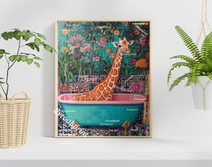 Giraffe in a Bathtub - Giraffe Bathroom Print - Maximalist Bathroom Art - Yellow and Blue Bathroom Art