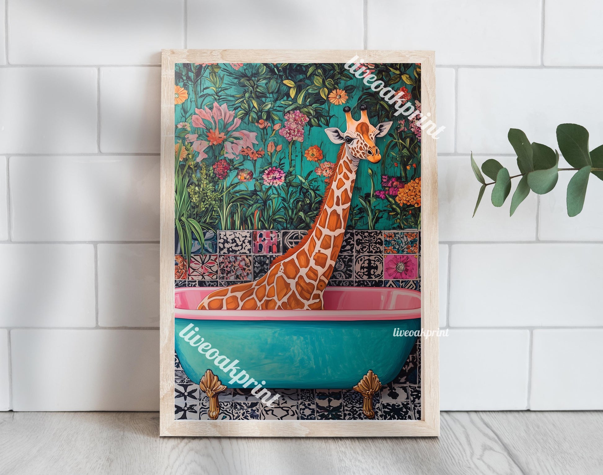 Giraffe in a Bathtub - Giraffe Bathroom Print - Maximalist Bathroom Art - Yellow and Blue Bathroom Art