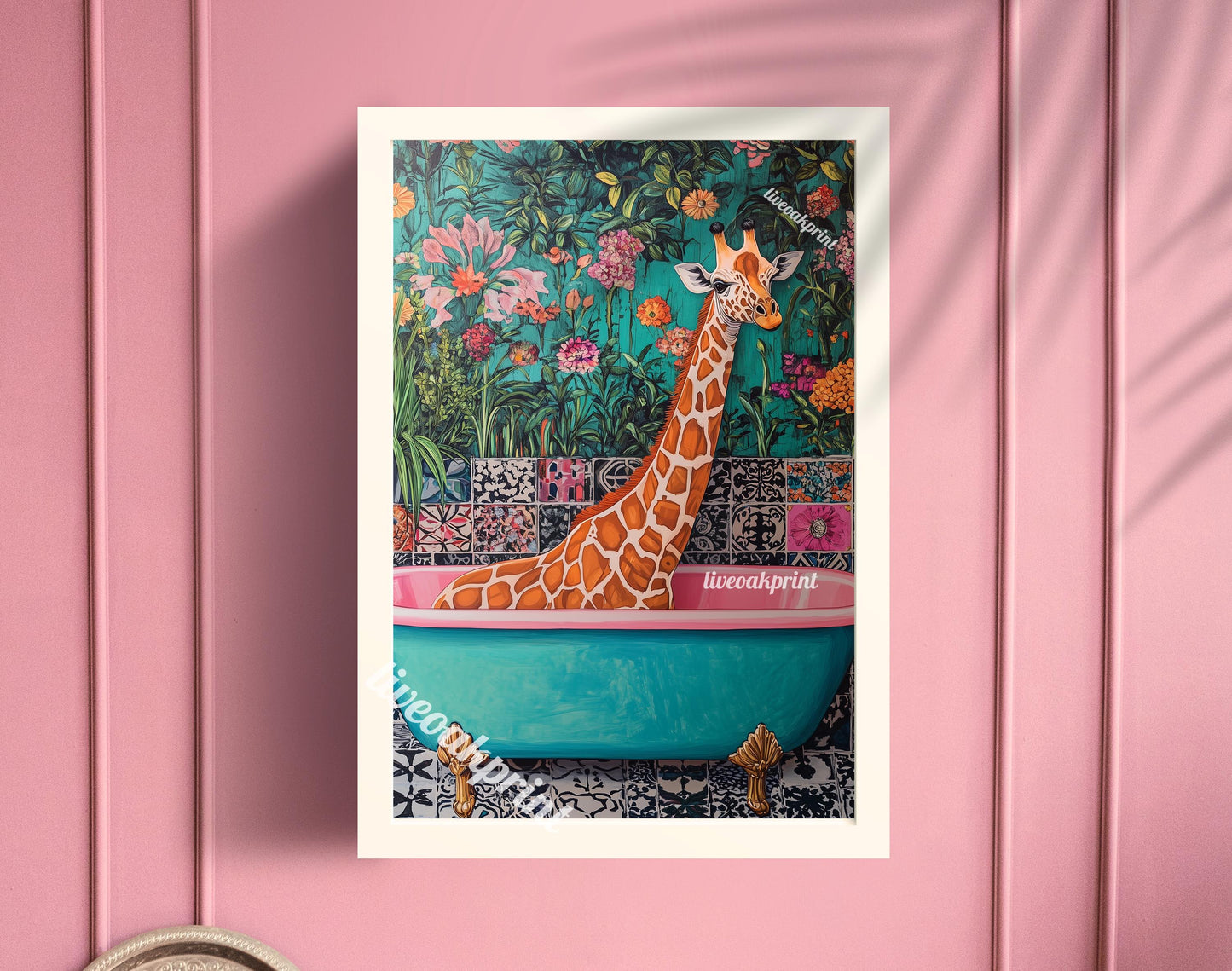 Giraffe in a Bathtub - Giraffe Bathroom Print - Maximalist Bathroom Art - Yellow and Blue Bathroom Art