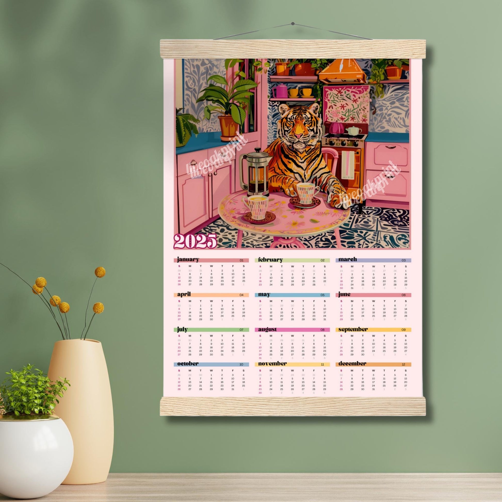 2025 Wall Calendar - 2025 Tiger Calendar - 2025 Animal Calendar - Colorful Kitchen Calendar - Tiger Gifts - Year at a Glance Calendar