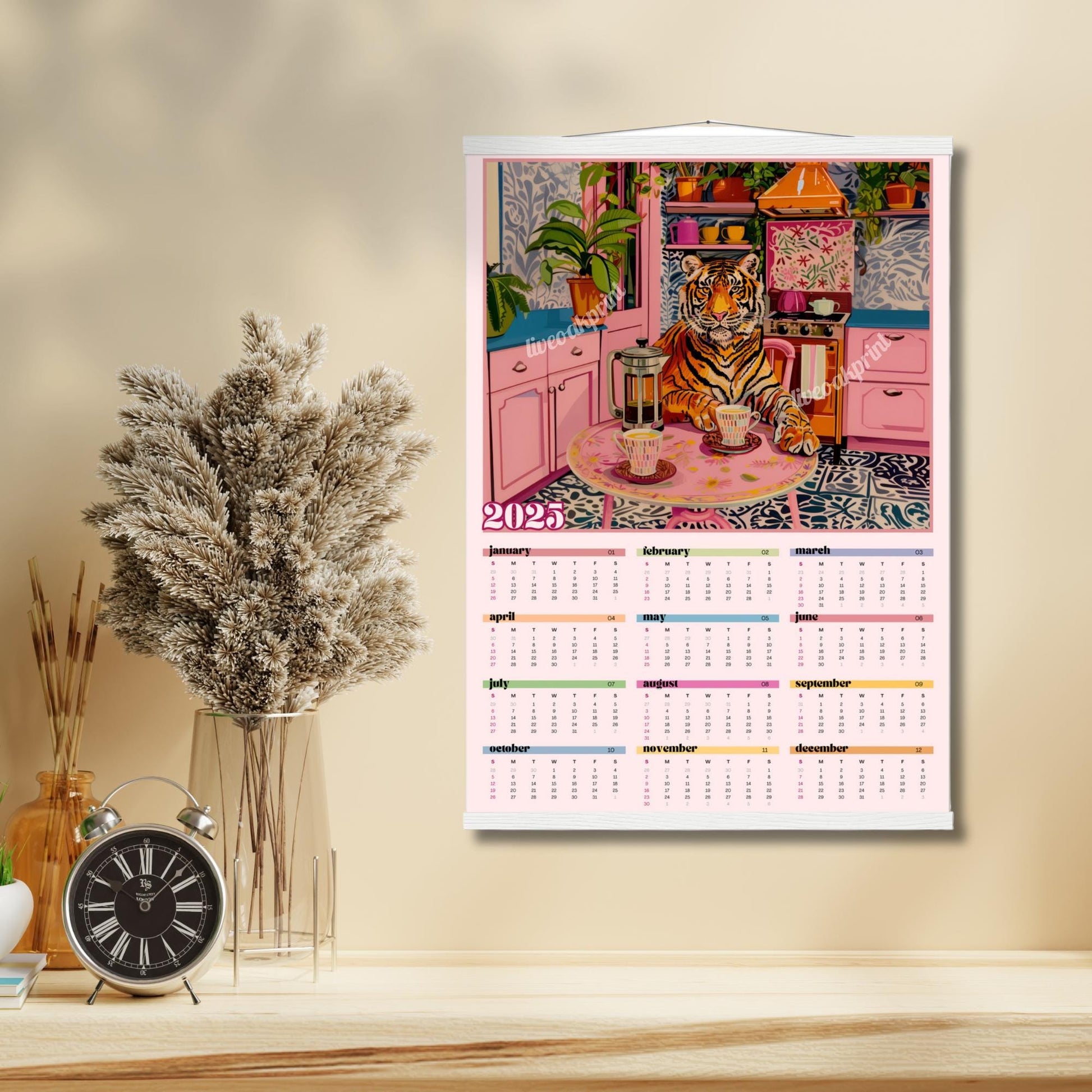 2025 Wall Calendar - 2025 Tiger Calendar - 2025 Animal Calendar - Colorful Kitchen Calendar - Tiger Gifts - Year at a Glance Calendar