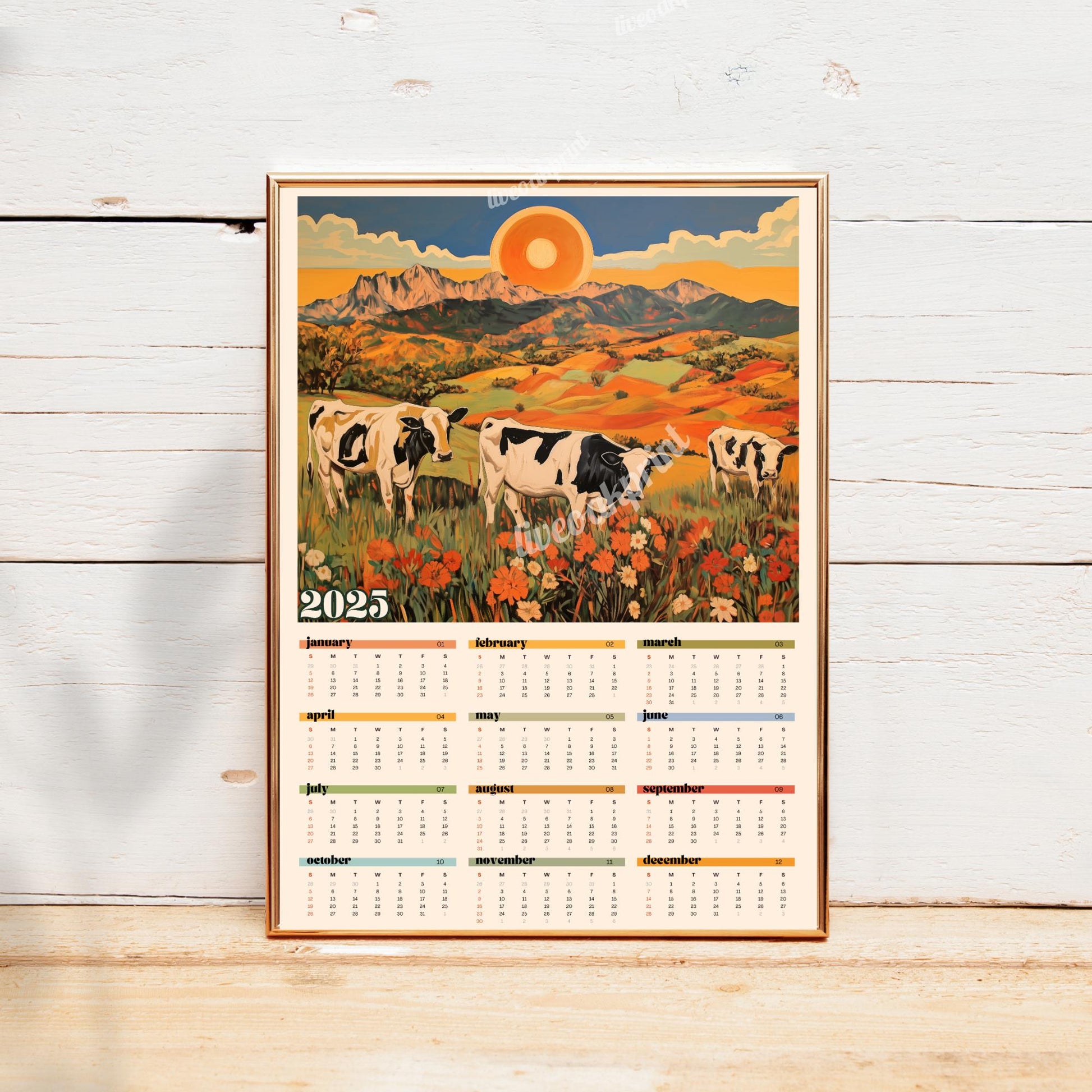 2025 Wall Calendar Cows - 2025 Art Calendar - 2025 One Page Calendar - Colorful Kitchen Calendar - Cow Gifts - Year at a Glance Calendar