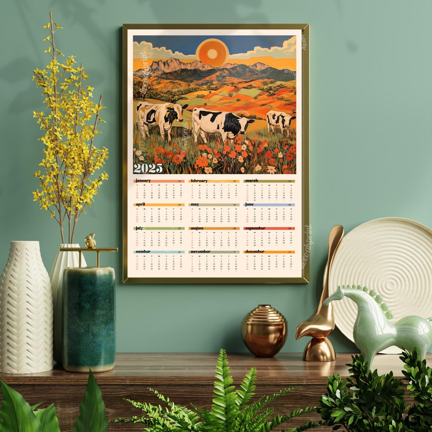 2025 Wall Calendar Cows - 2025 Art Calendar - 2025 One Page Calendar - Colorful Kitchen Calendar - Cow Gifts - Year at a Glance Calendar