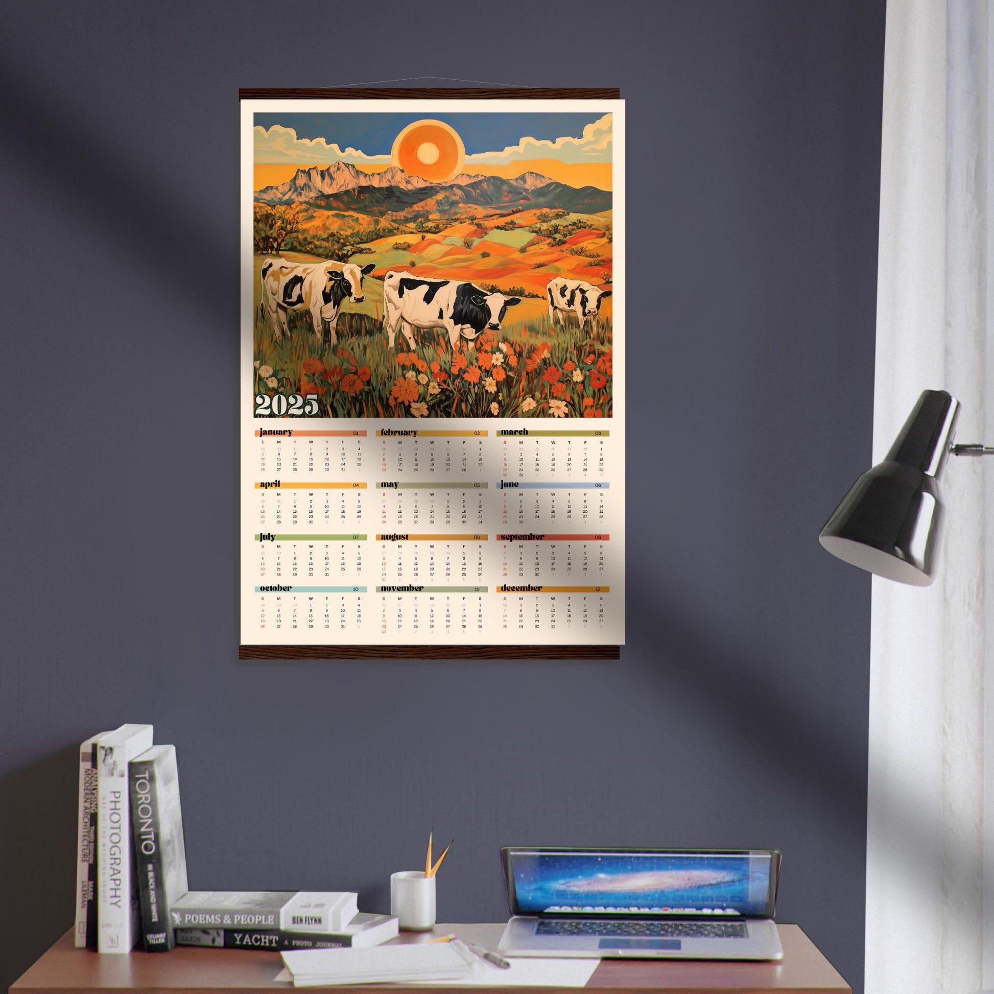 2025 Wall Calendar Cows - 2025 Art Calendar - 2025 One Page Calendar - Colorful Kitchen Calendar - Cow Gifts - Year at a Glance Calendar