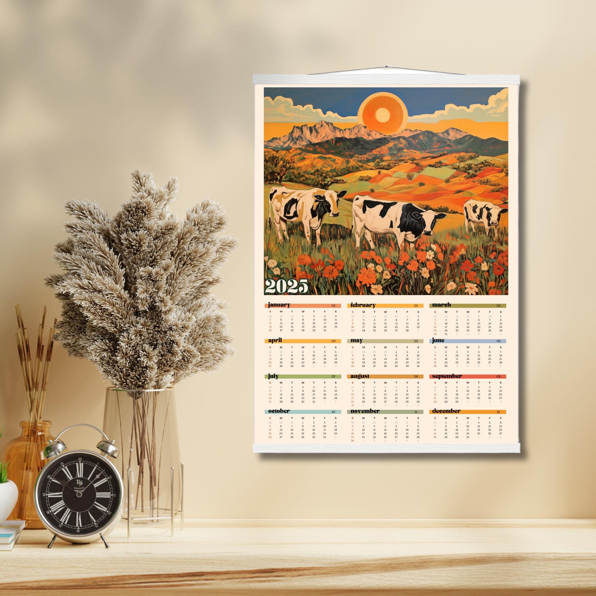 2025 Wall Calendar Cows - 2025 Art Calendar - 2025 One Page Calendar - Colorful Kitchen Calendar - Cow Gifts - Year at a Glance Calendar