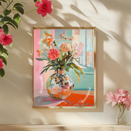 Sage Green and Pink Impressionist Disco Flowers