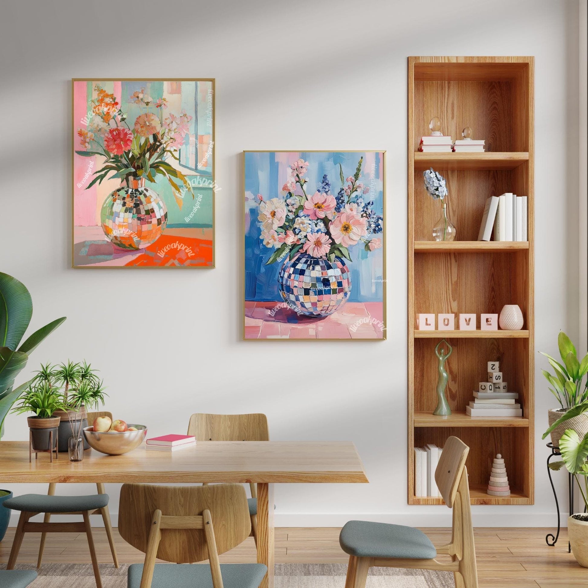 Retro Disco Ball Floral Art – Blue and Pink Boho Wall Decor – Funky Trendy Art for Eclectic Spaces