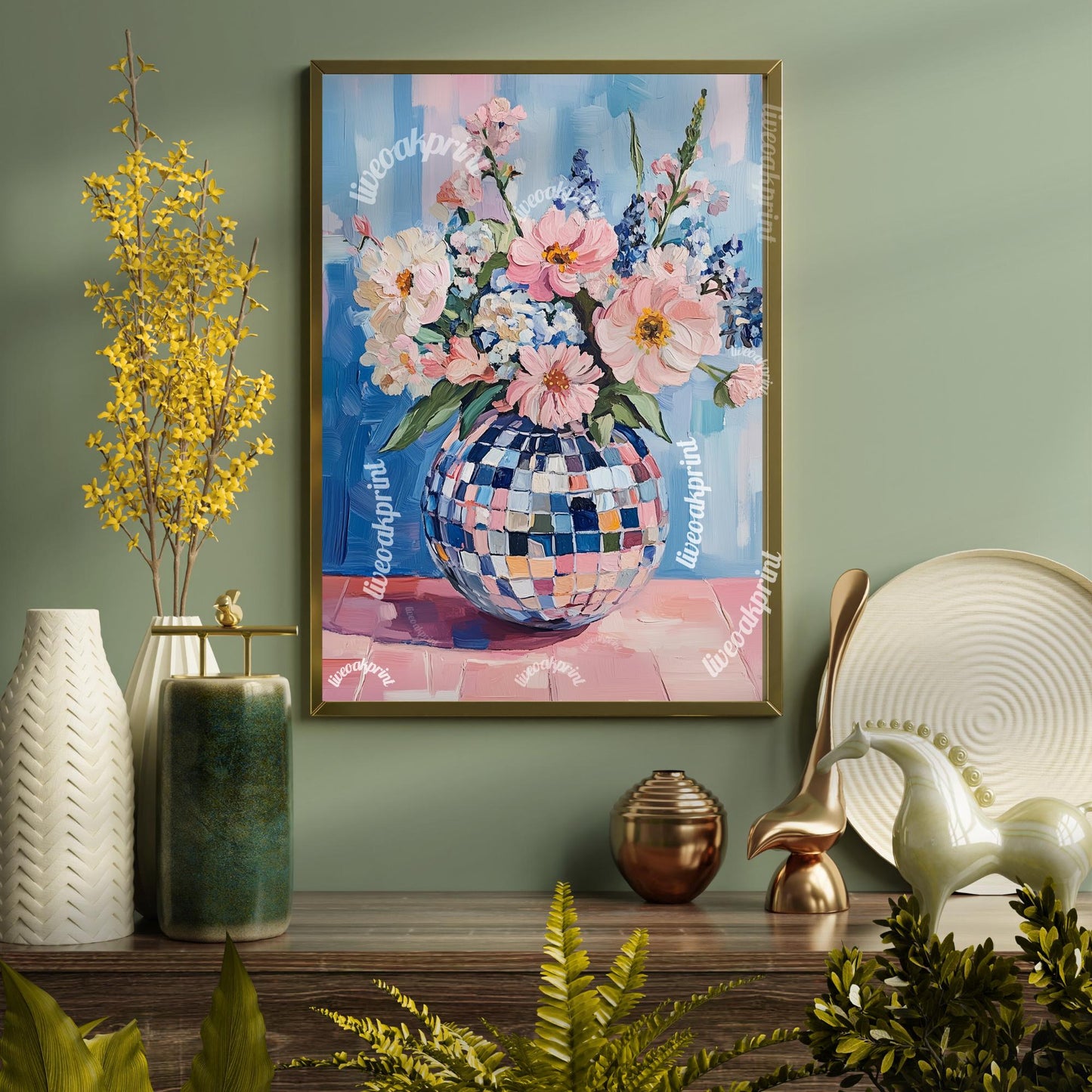 Retro Disco Ball Floral Art – Blue and Pink Boho Wall Decor – Funky Trendy Art for Eclectic Spaces - Modern Impressionist Wall Art