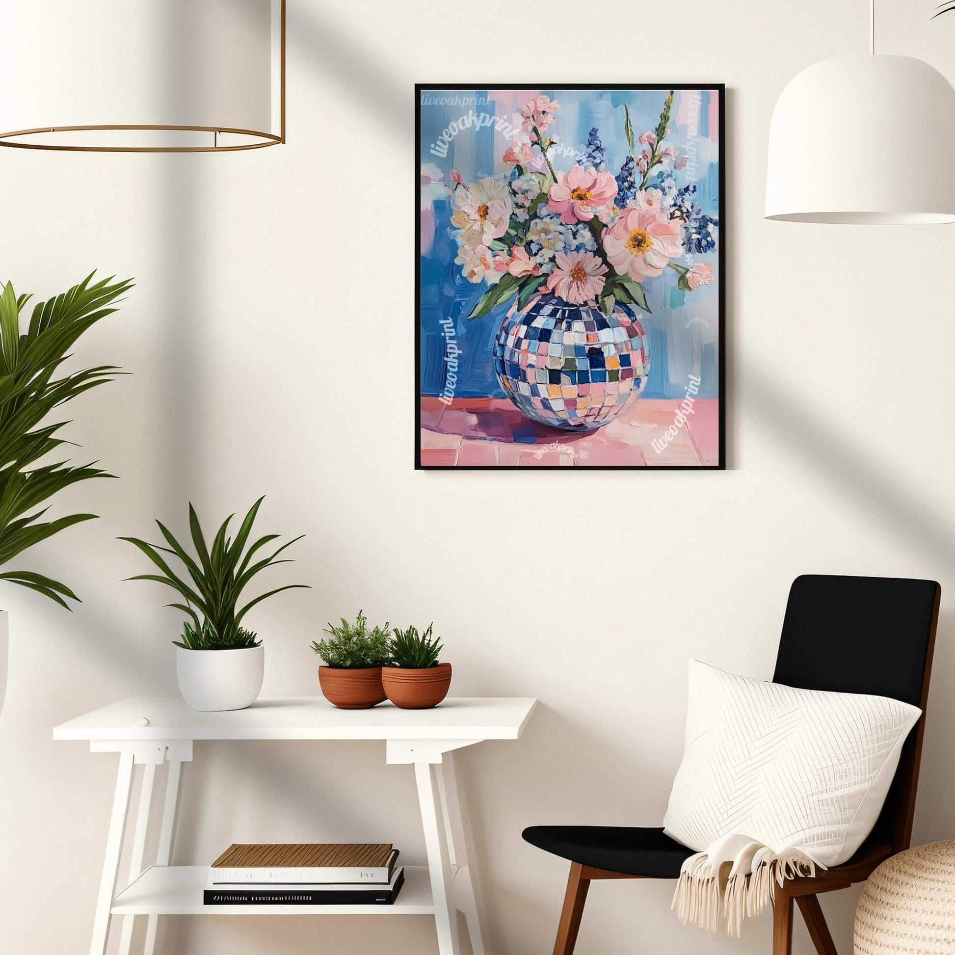 Retro Disco Ball Floral Art – Blue and Pink Boho Wall Decor – Funky Trendy Art for Eclectic Spaces