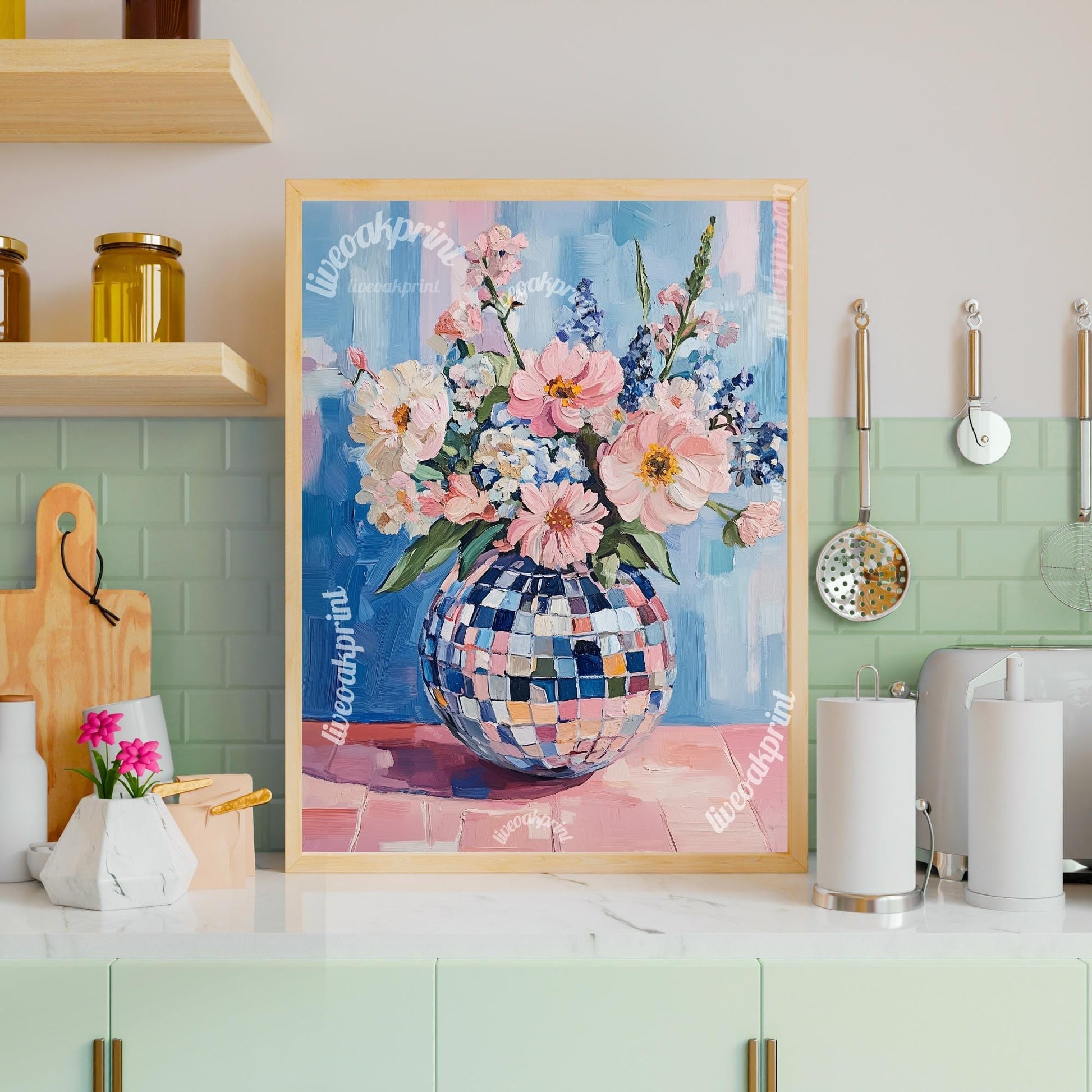 Retro Disco Ball Floral Art – Blue and Pink Boho Wall Decor – Funky Trendy Art for Eclectic Spaces