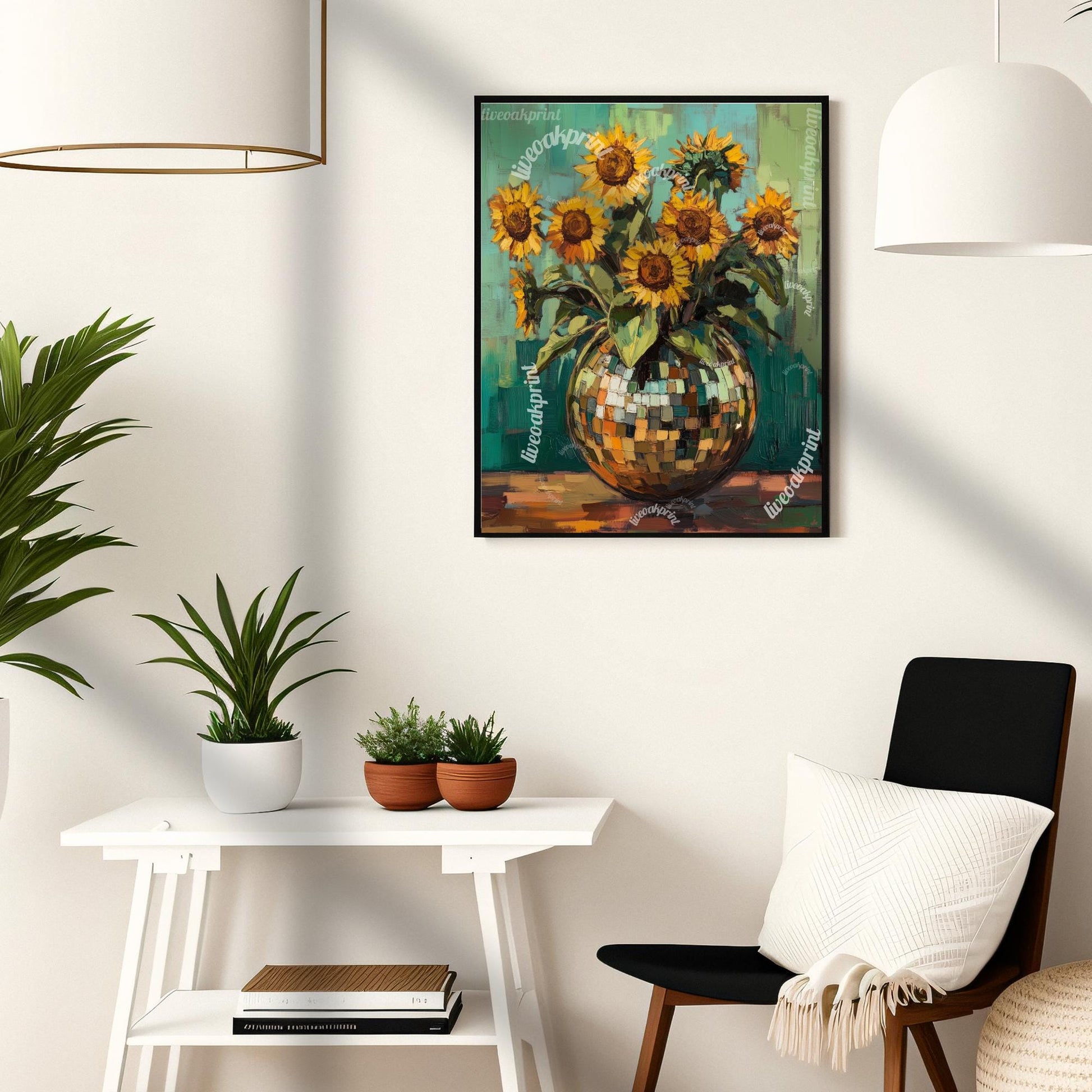 Green Impressionist Sunflowers in a Disco Vase - Disco Ball Wall Art - Disco Ball Decor - Trendy Wall Art - Funky Wall Decor - Boho Decor