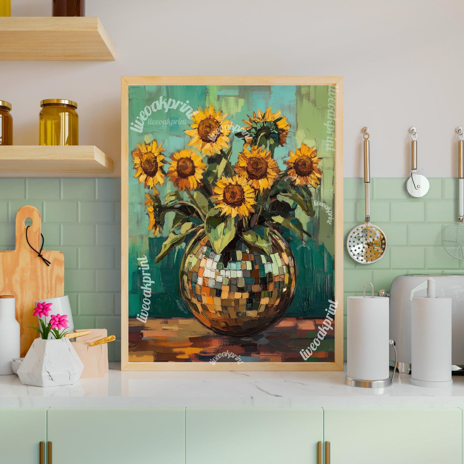 Green Impressionist Sunflowers in a Disco Vase - Disco Ball Wall Art - Disco Ball Decor - Trendy Wall Art - Funky Wall Decor - Boho Decor